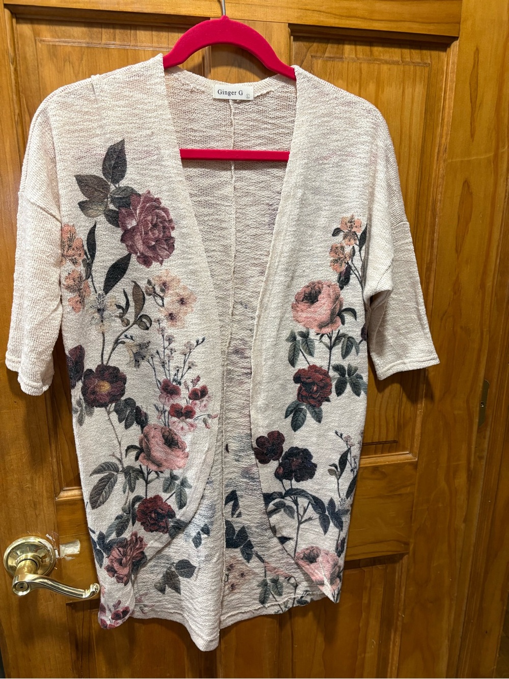 Ginger G Cream Floral Open-Front Tunic with Pink and Burgundy Blooms